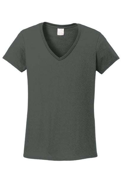 Front View of Charcoal Gildan Women's Heavy Cotton 100% Cotton V-Neck T-Shirt. 5V00L