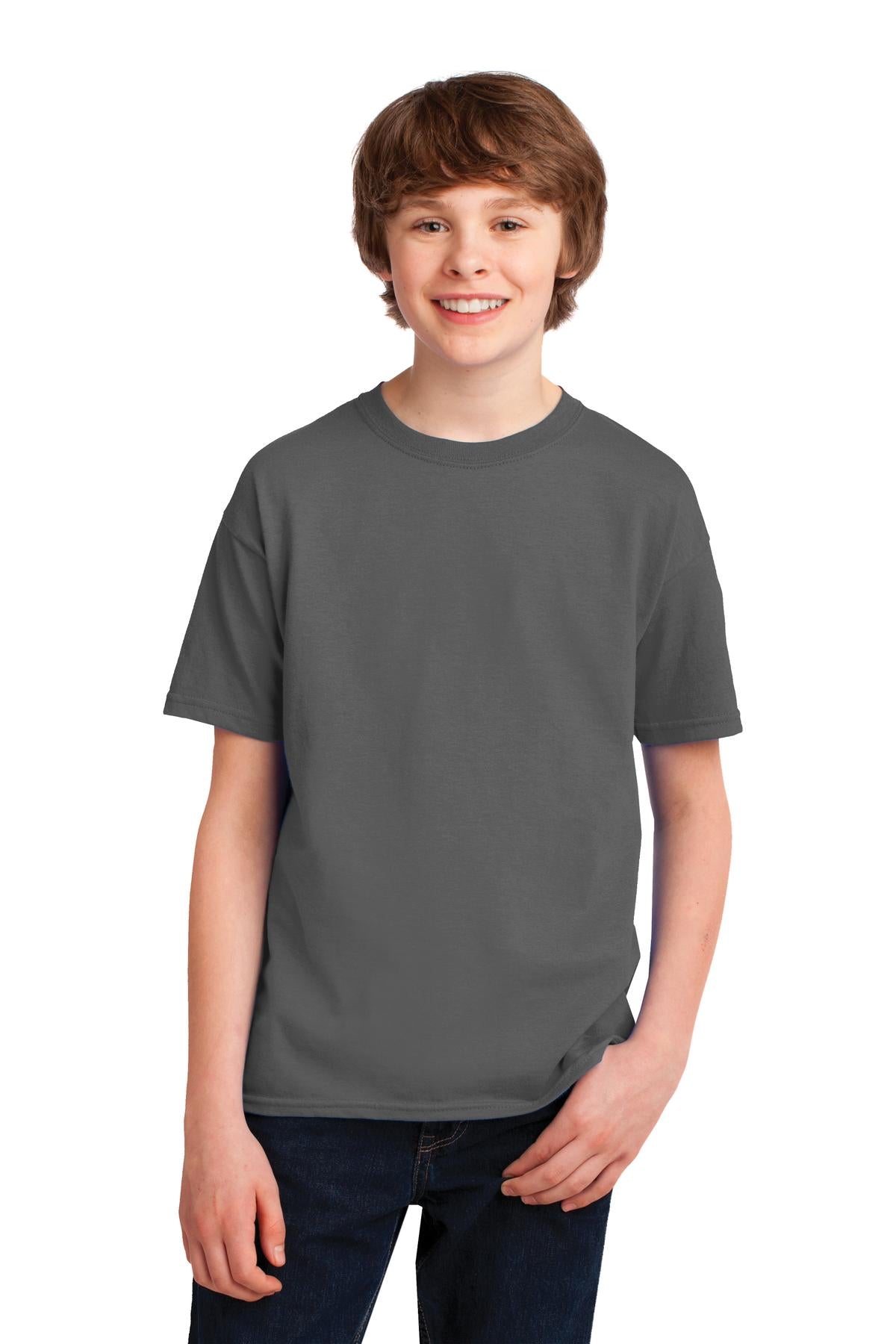 Front View of Charcoal Gildan Youth Gildan Performance T-Shirt. 42000B