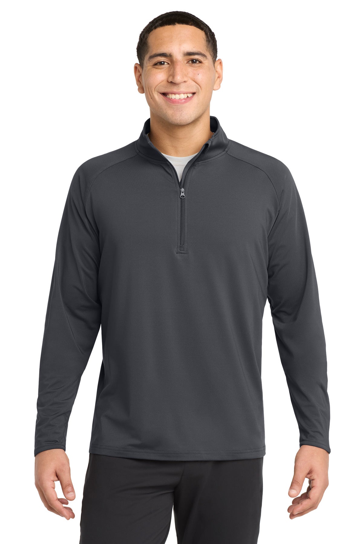 Front View of Charcoal Grey Sport-Tek Sport-Wick Stretch 1/4-Zip Pullover. ST850