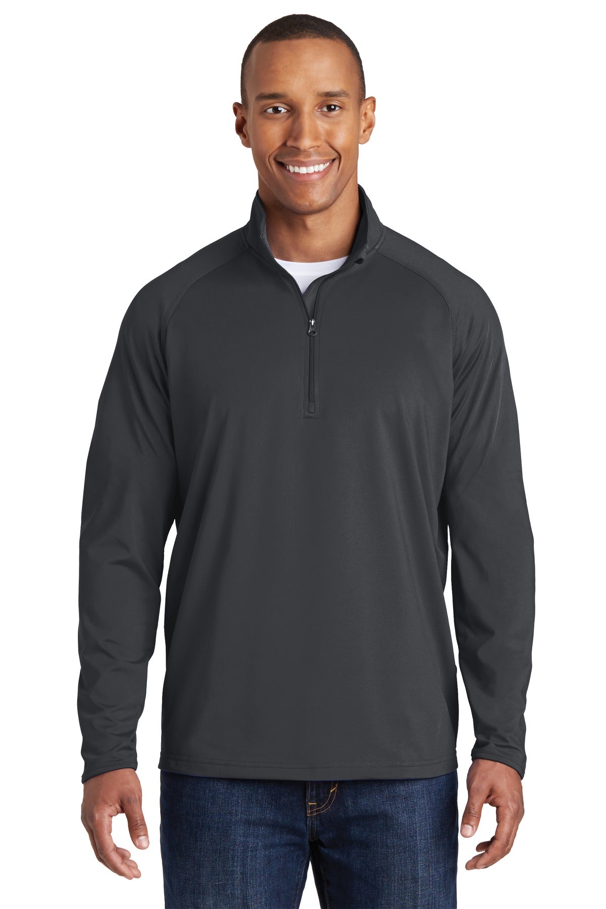 Front View of Charcoal Grey Sport-Tek Tall Sport-Wick Stretch 1/4-Zip Pullover. TST850