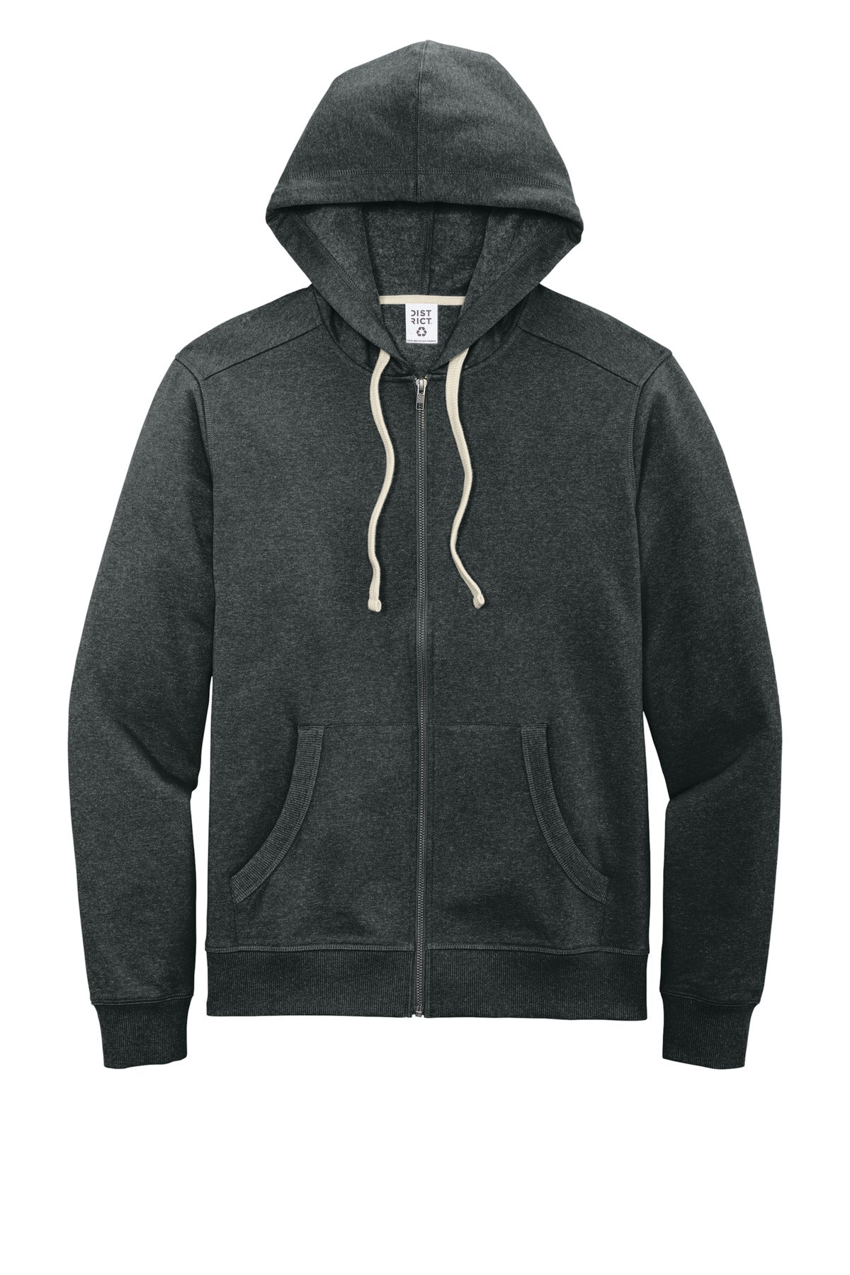 Front View of Charcoal Hthr District Re-Fleece Full-Zip Hoodie DT8102