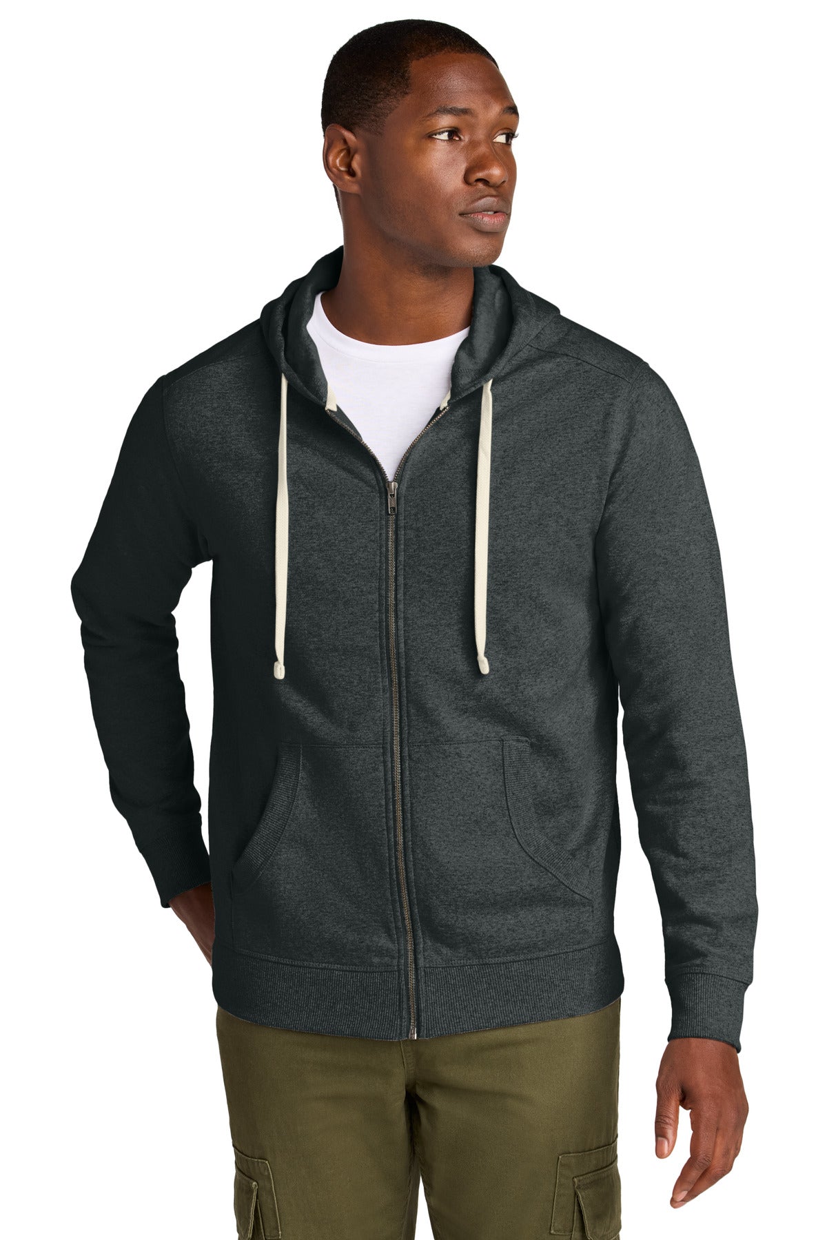 Front View of Charcoal Hthr District Re-Fleece Full-Zip Hoodie DT8102