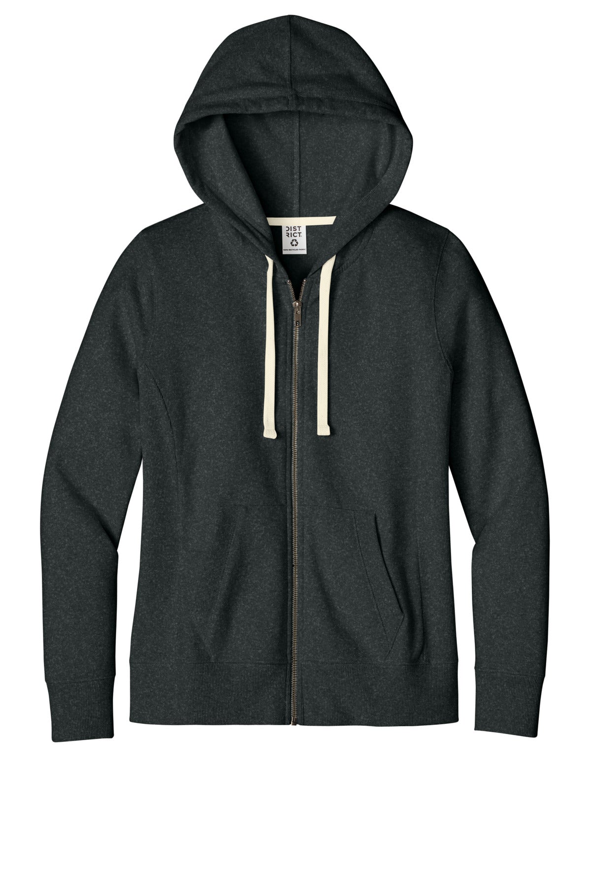 Front View of Charcoal Hthr District Women's Re-Fleece Full-Zip Hoodie DT8103