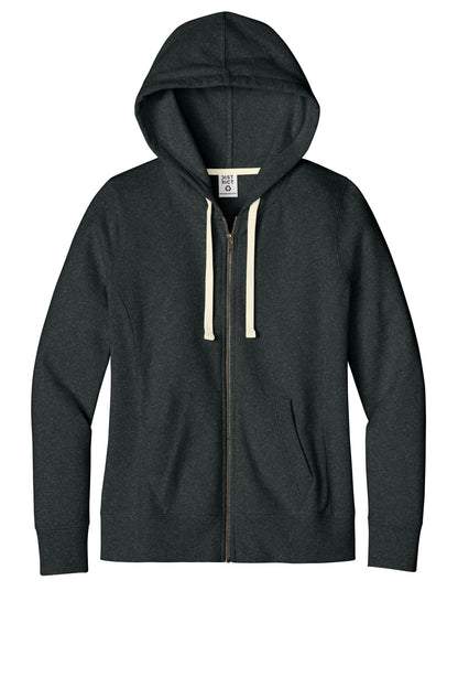 Front View of Charcoal Hthr District Women's Re-Fleece Full-Zip Hoodie DT8103