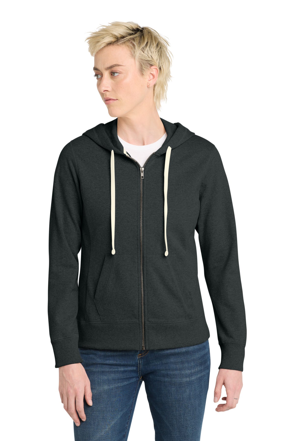 Front View of Charcoal Hthr District Women's Re-Fleece Full-Zip Hoodie DT8103