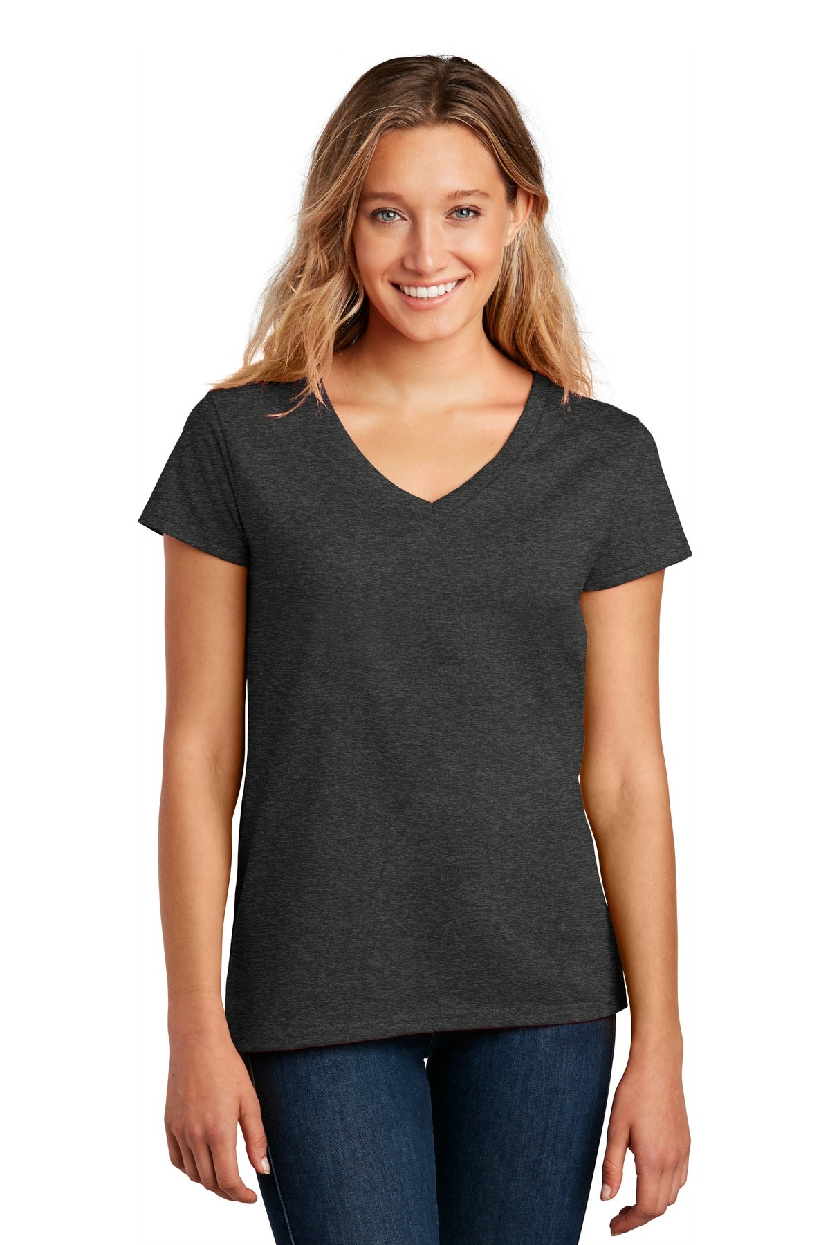 Front View of Charcoal Hthr District Women's Re-Tee V-Neck DT8001