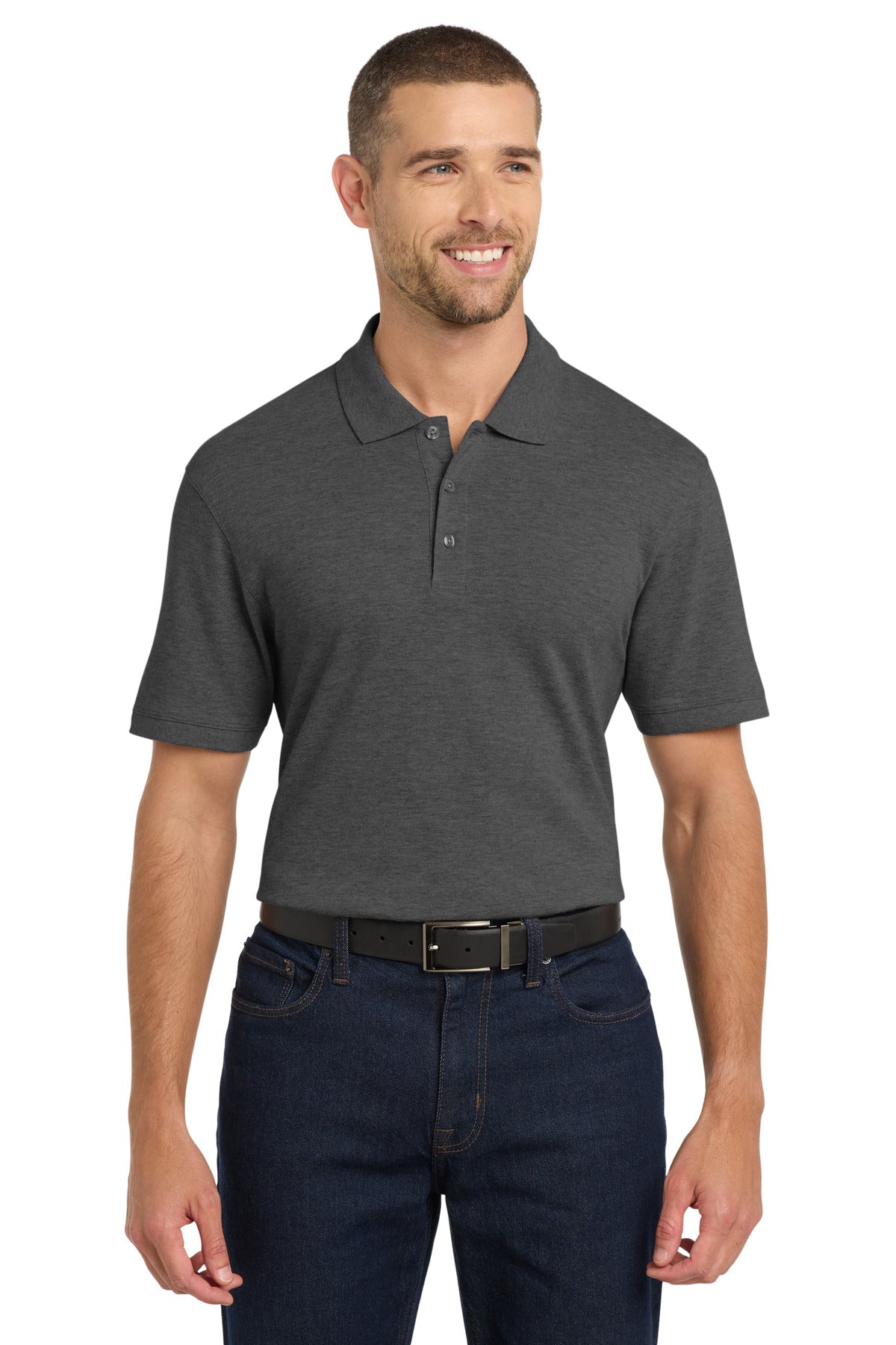 Front View of Charcoal Hthr Port Authority EZCotton Polo. K8000