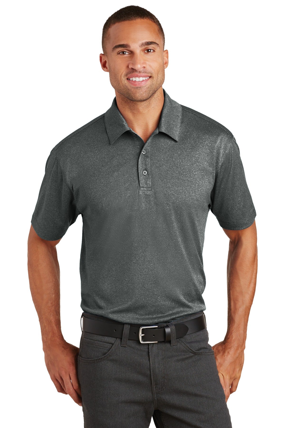 Front View of Charcoal Hthr Port Authority Trace Heather Polo. K576