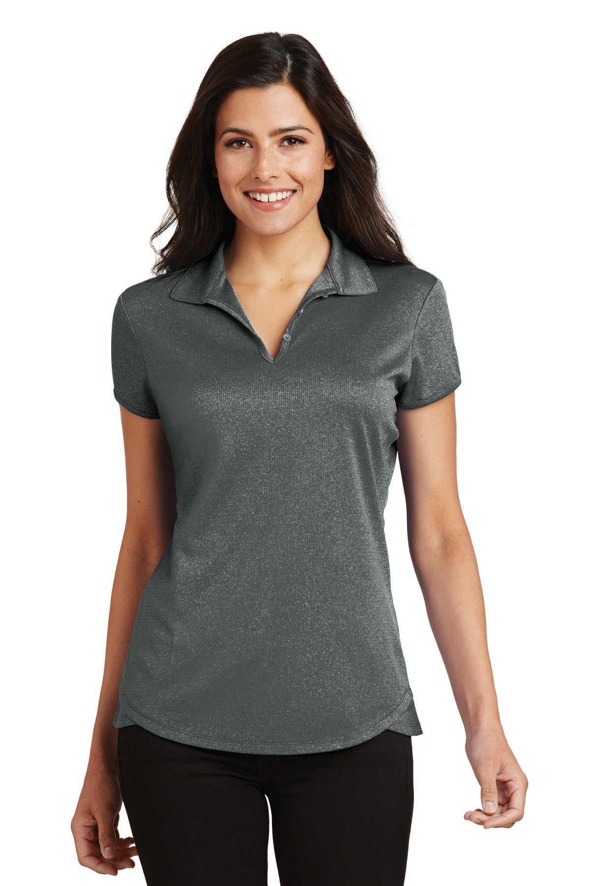 Front View of Charcoal Hthr Port Authority Women's Trace Heather Polo. L576