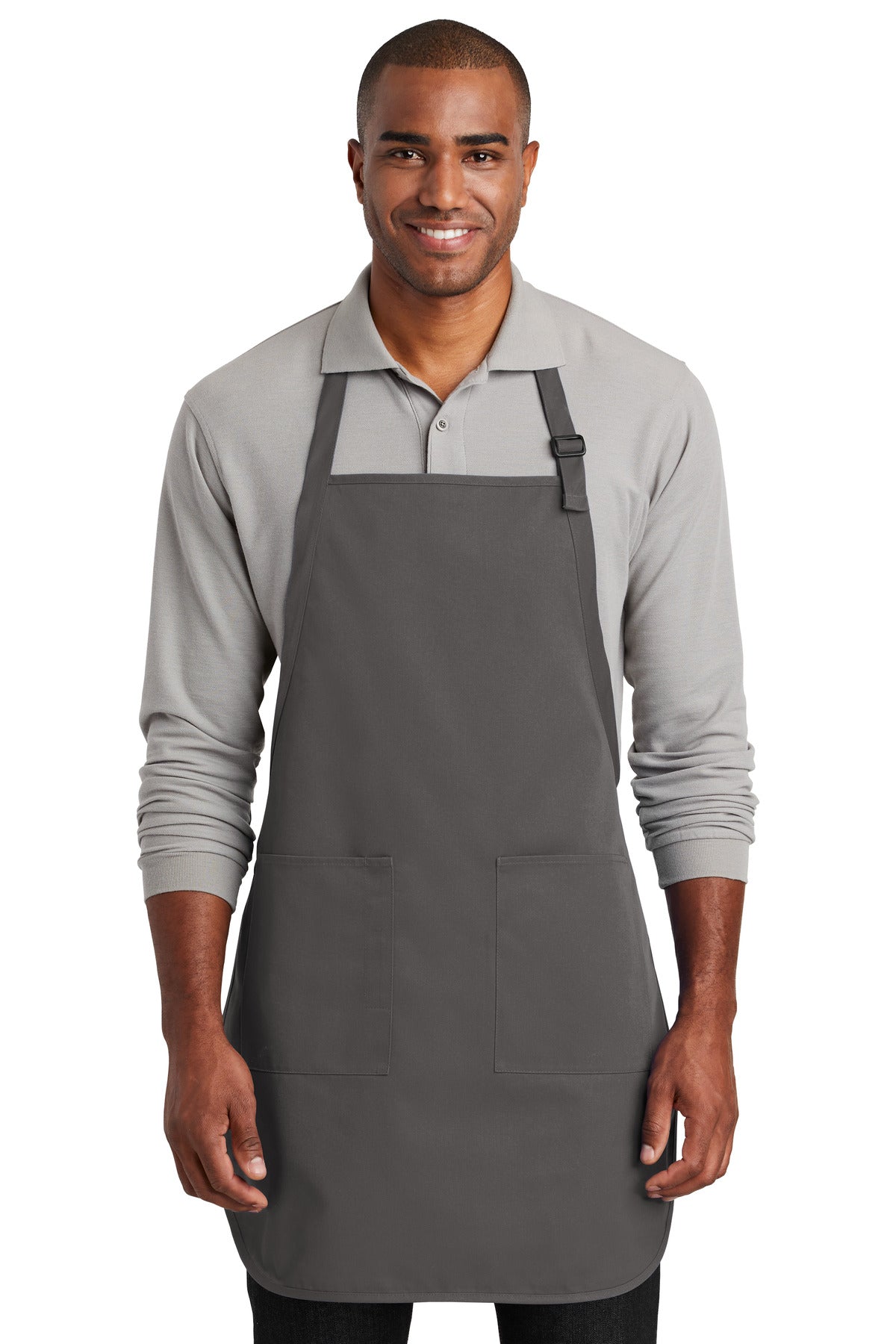 Front View of Charcoal Port Authority Full-Length Two-Pocket Bib Apron. A600