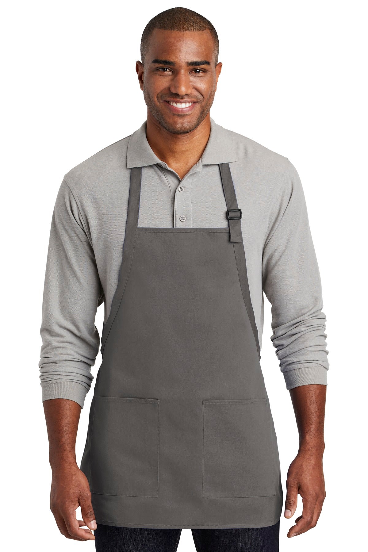 Front View of Charcoal Port Authority Medium-Length Two-Pocket Bib Apron. A601