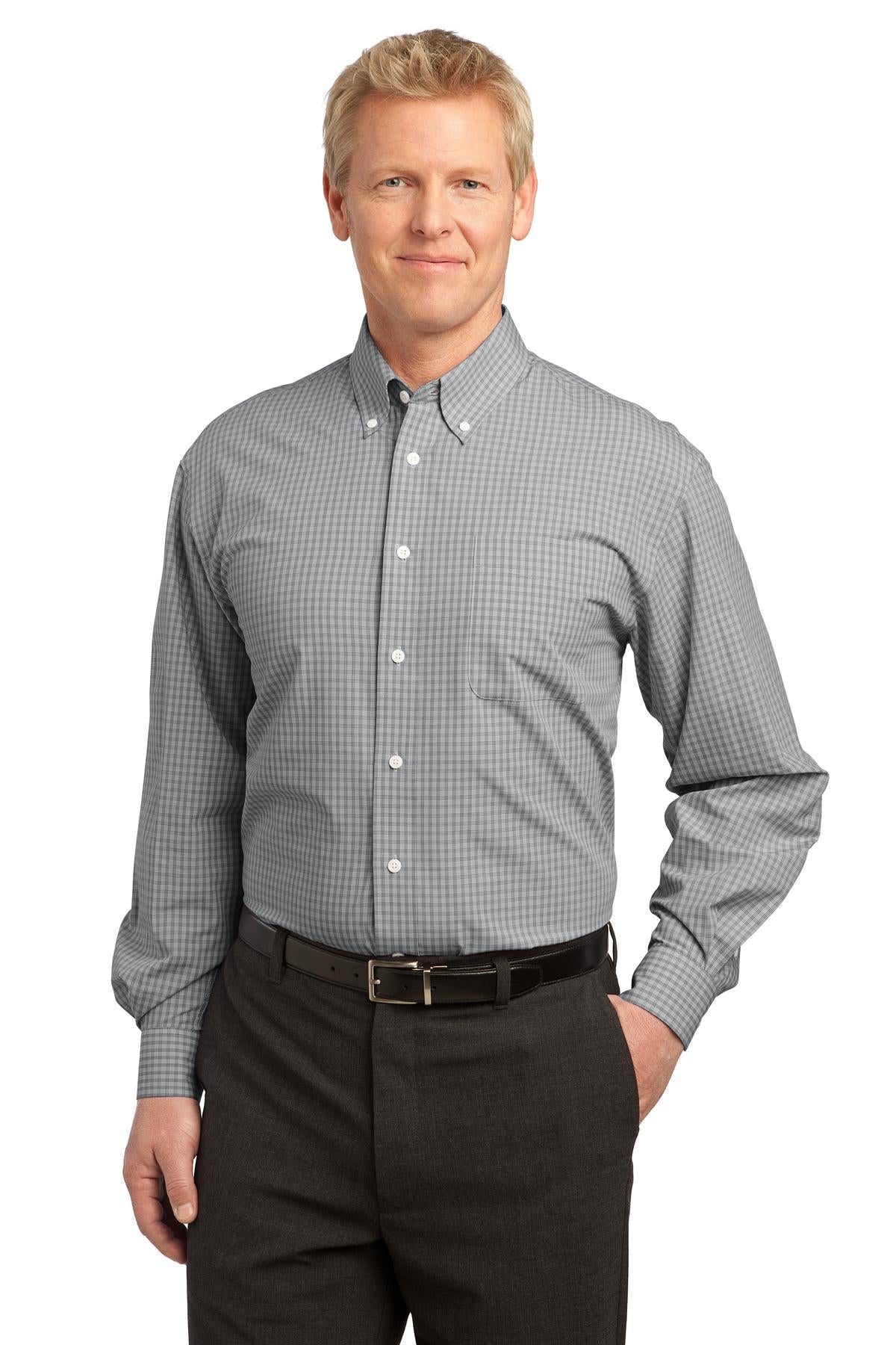 Front View of Charcoal Port Authority Plaid Pattern Easy Care Shirt. S639
