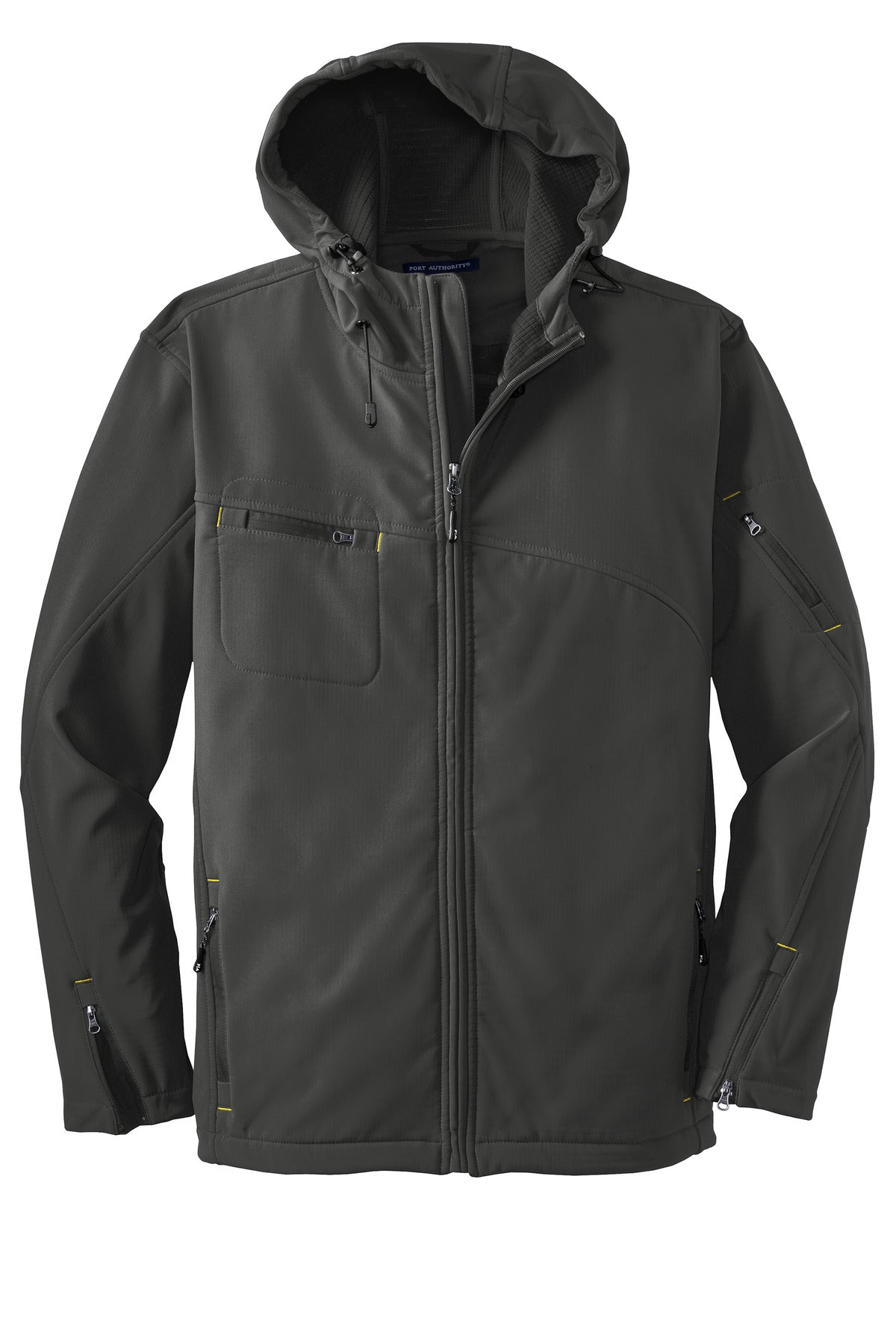 Front View of Charcoal Port Authority Textured Hooded Soft Shell Jacket. J706