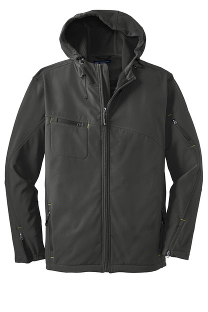 Front View of Charcoal Port Authority Textured Hooded Soft Shell Jacket. J706