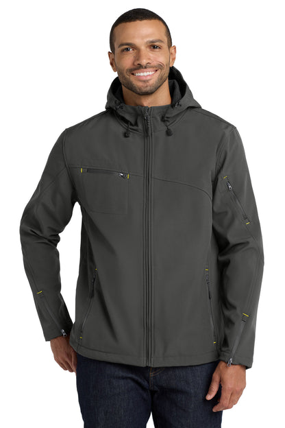 Front View of Charcoal Port Authority Textured Hooded Soft Shell Jacket. J706