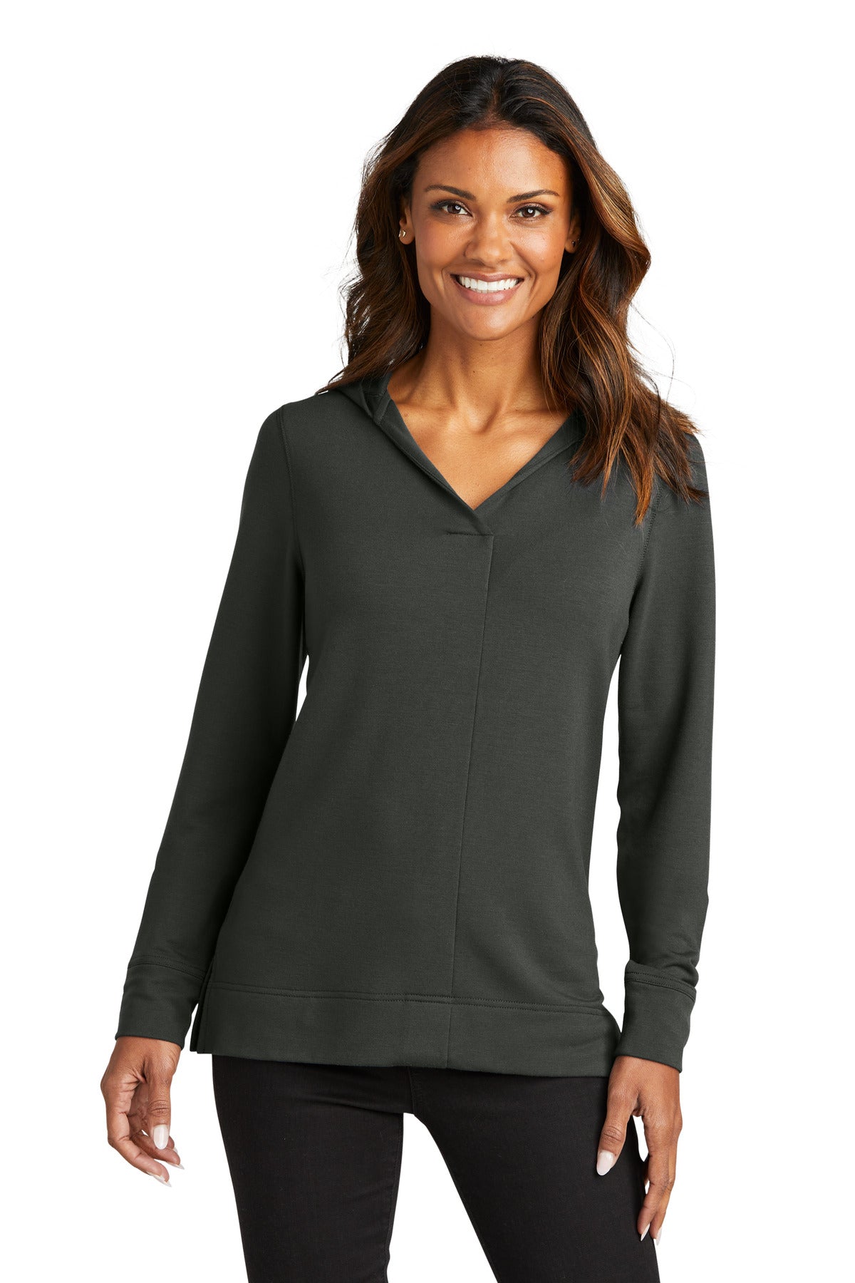 Front View of Charcoal Port Authority Women's Microterry Pullover Hoodie LK826