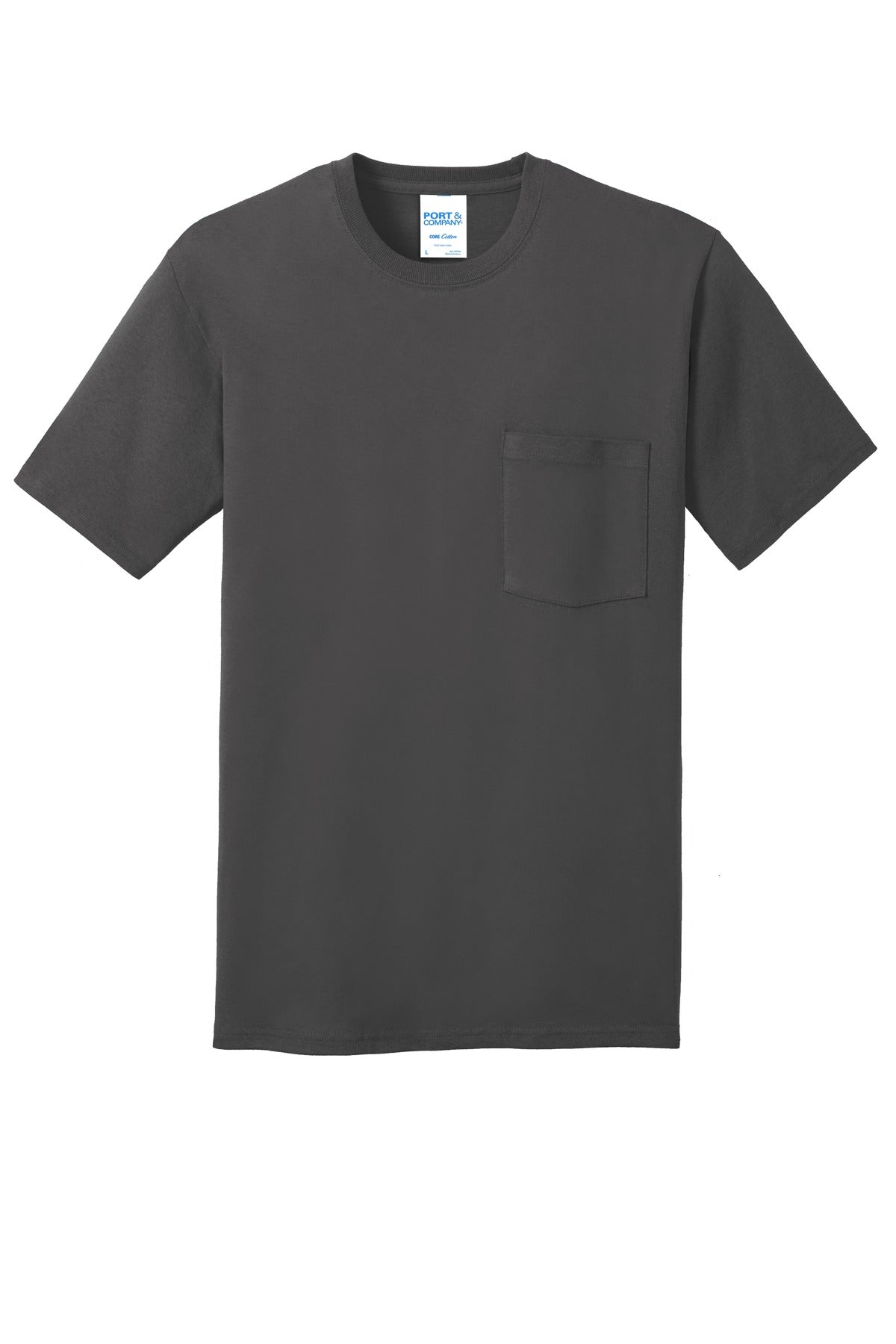 Front View of Charcoal Port & Company Core Cotton Pocket Tee. PC54P