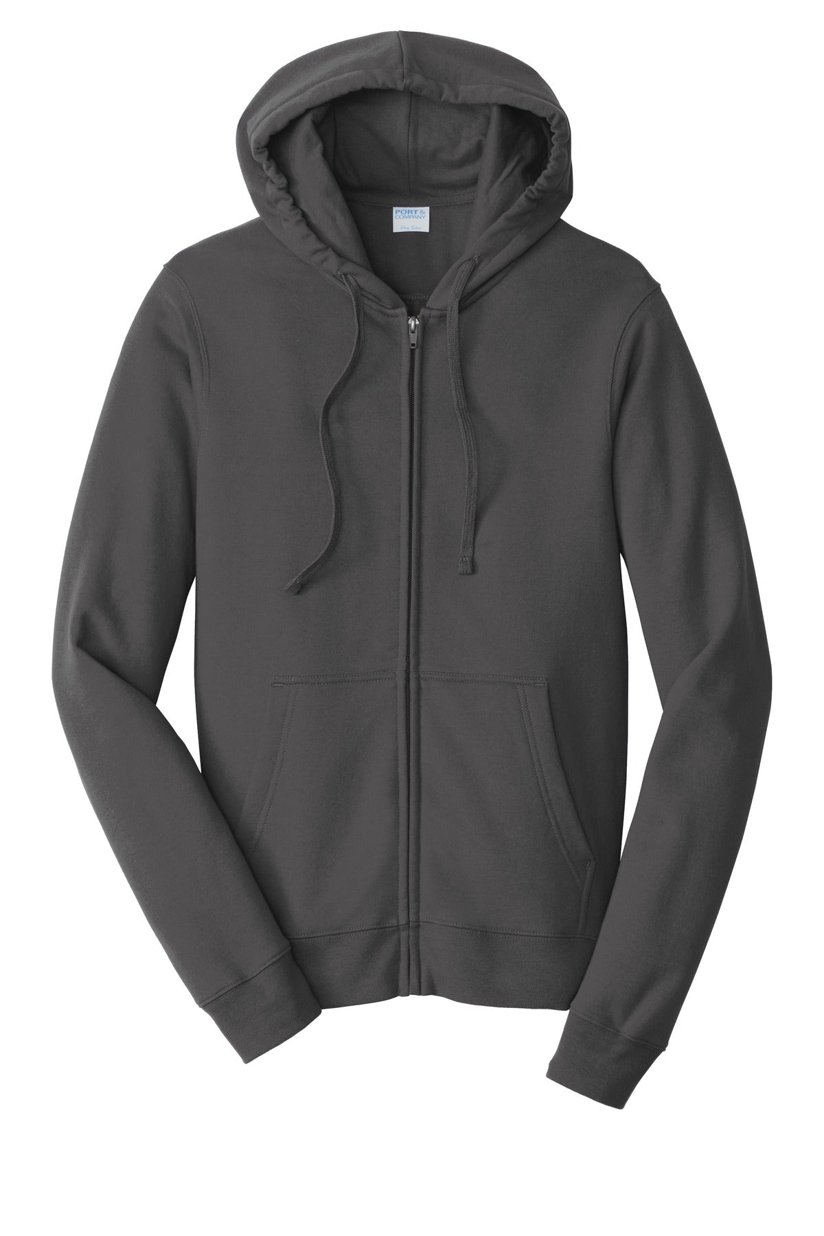 Front View of Charcoal Port & Company Fan Favorite Fleece Full-Zip Hooded Sweatshirt. PC850ZH