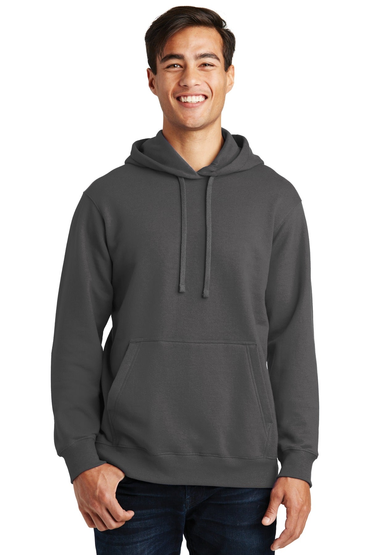 Front View of Charcoal Port & Company Fan Favorite Fleece Pullover Hooded Sweatshirt. PC850H