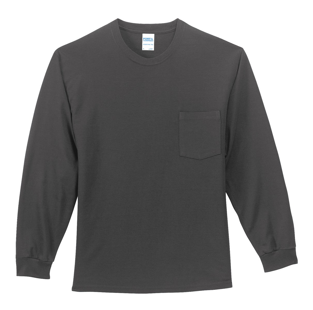 Front View of Charcoal Port & Company Tall Long Sleeve Essential Pocket Tee. PC61LSPT