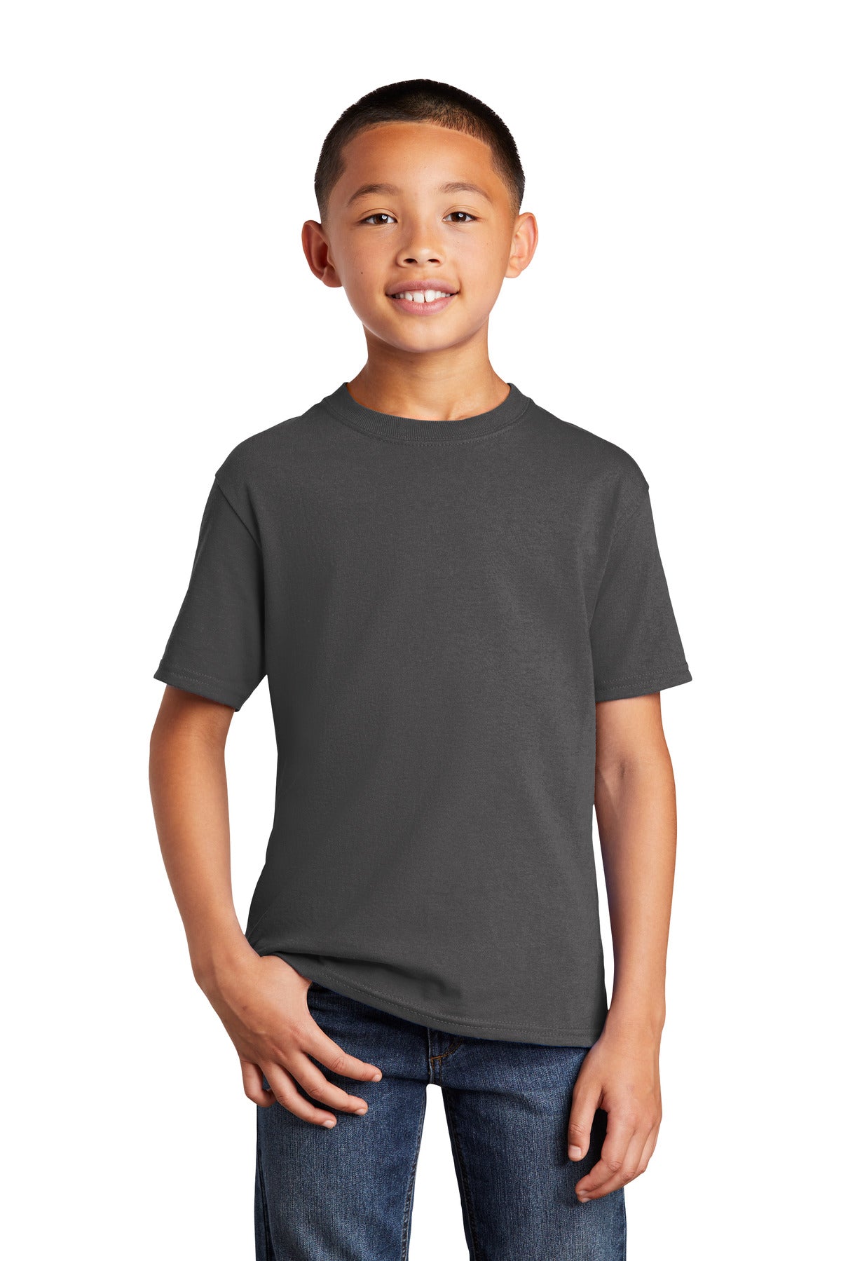 Front View of Charcoal Port & Company Youth Core Cotton DTG Tee PC54YDTG