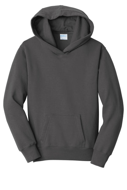 Front View of Charcoal Port & Company Youth Fan Favorite Fleece Pullover Hooded Sweatshirt. PC850YH