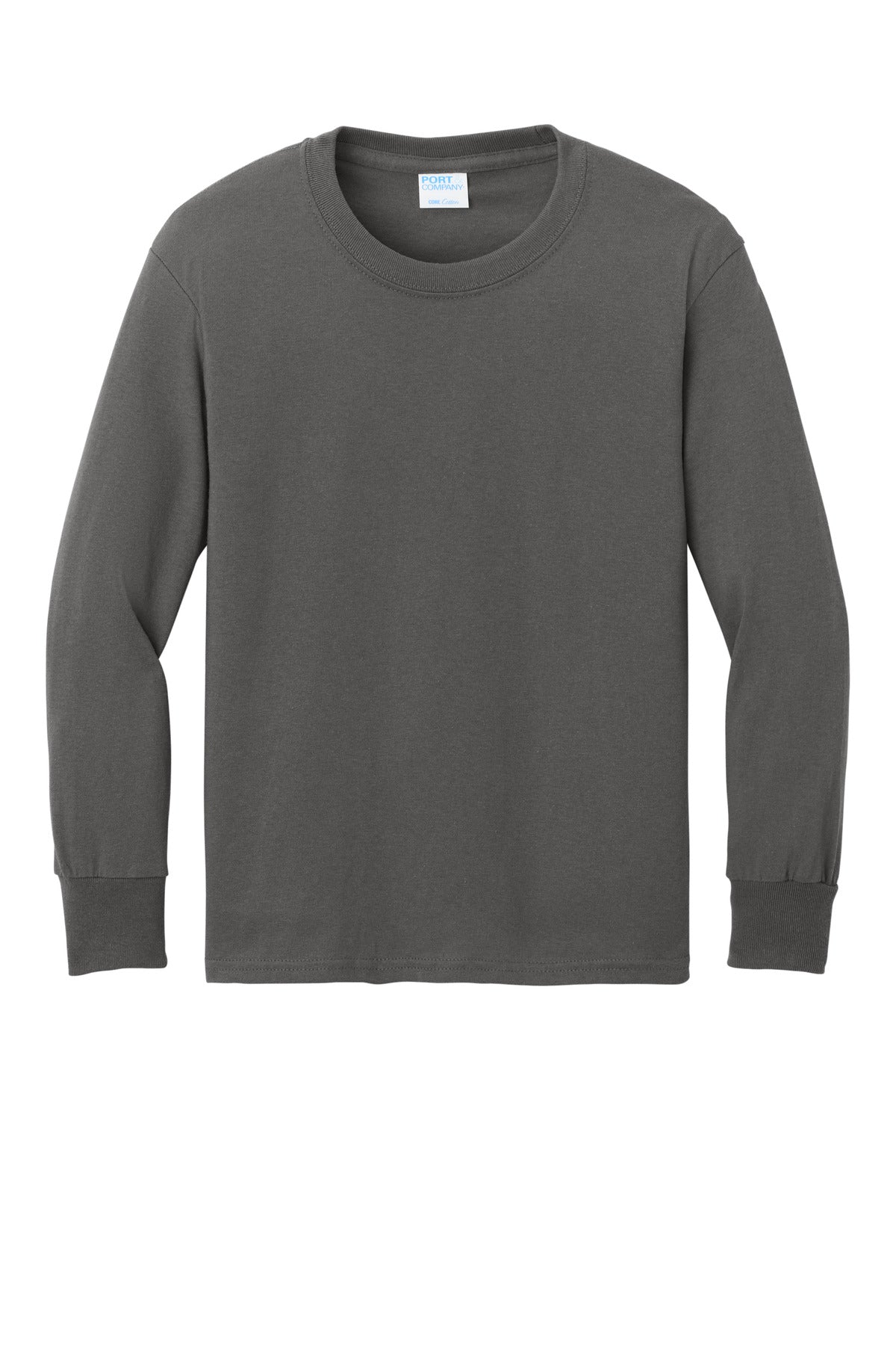 Front View of Charcoal Port & Company Youth Long Sleeve Core Cotton Tee. PC54YLS