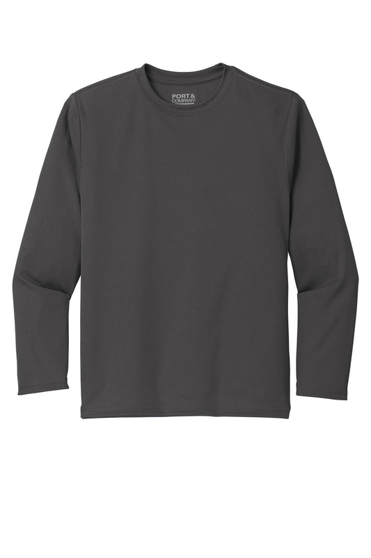 Front View of Charcoal Port & Company Youth Long Sleeve Performance Tee PC380YLS