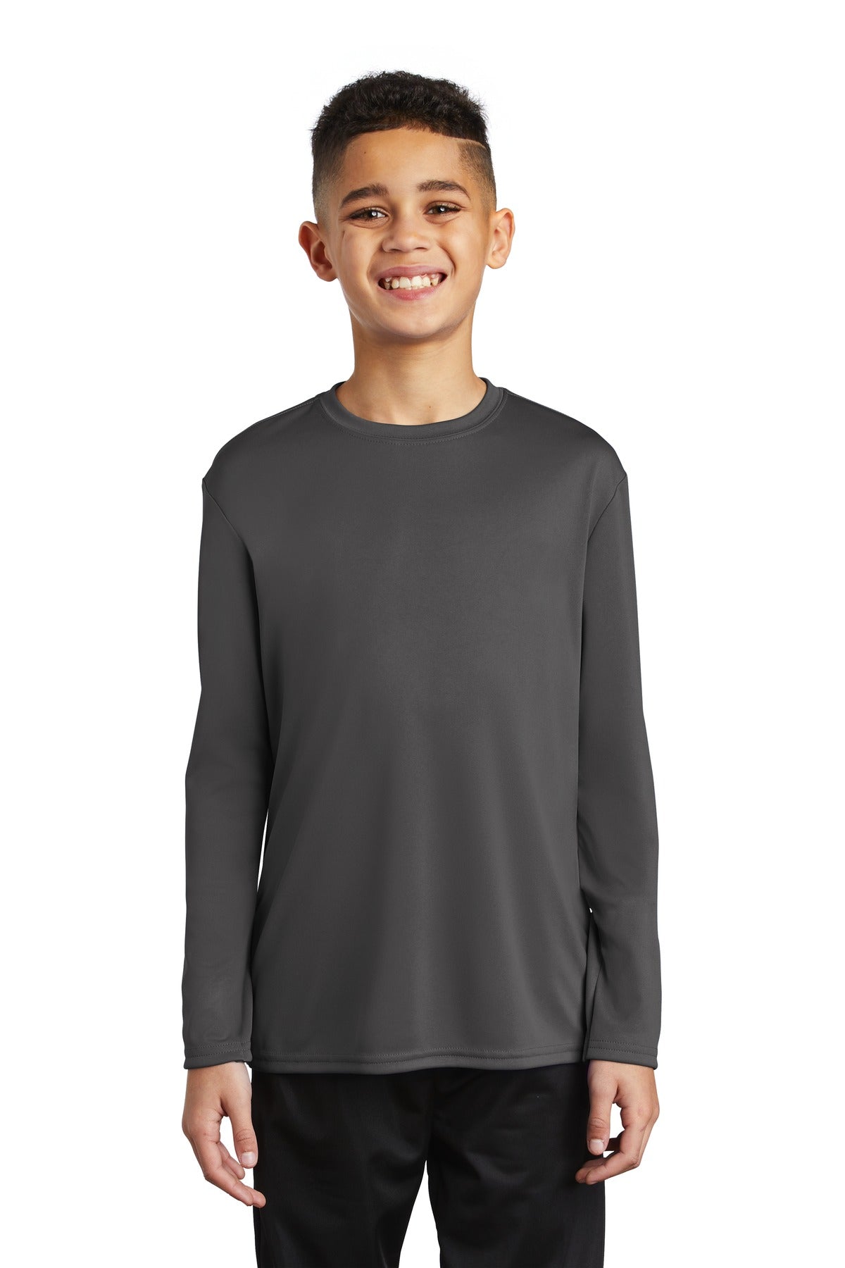 Front View of Charcoal Port & Company Youth Long Sleeve Performance Tee PC380YLS