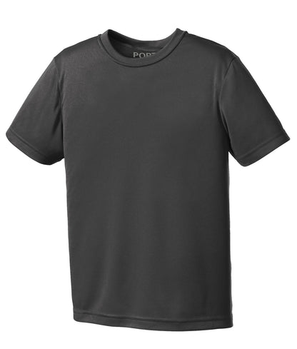 Front View of Charcoal Port & Company Youth Performance Tee. PC380Y