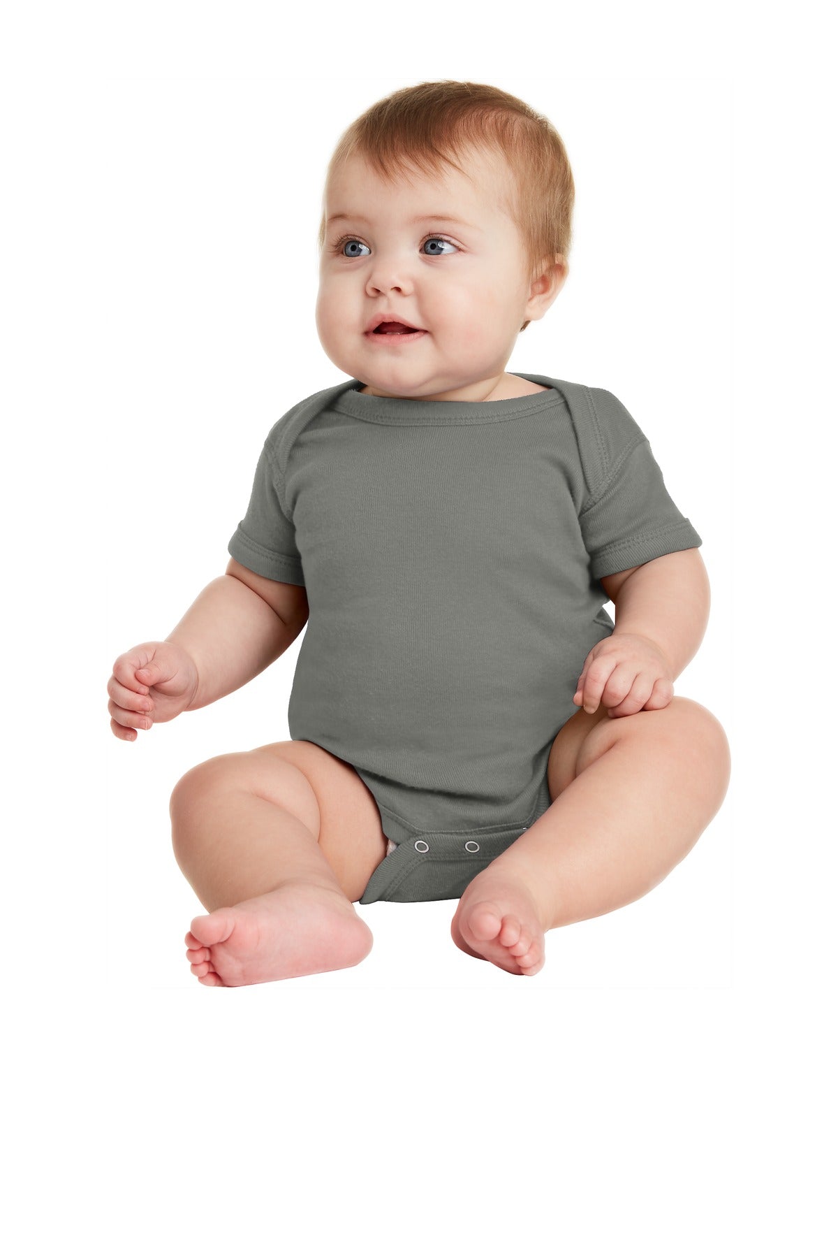 Front View of Charcoal Rabbit Skins Infant Short Sleeve Baby Rib Bodysuit. RS4400