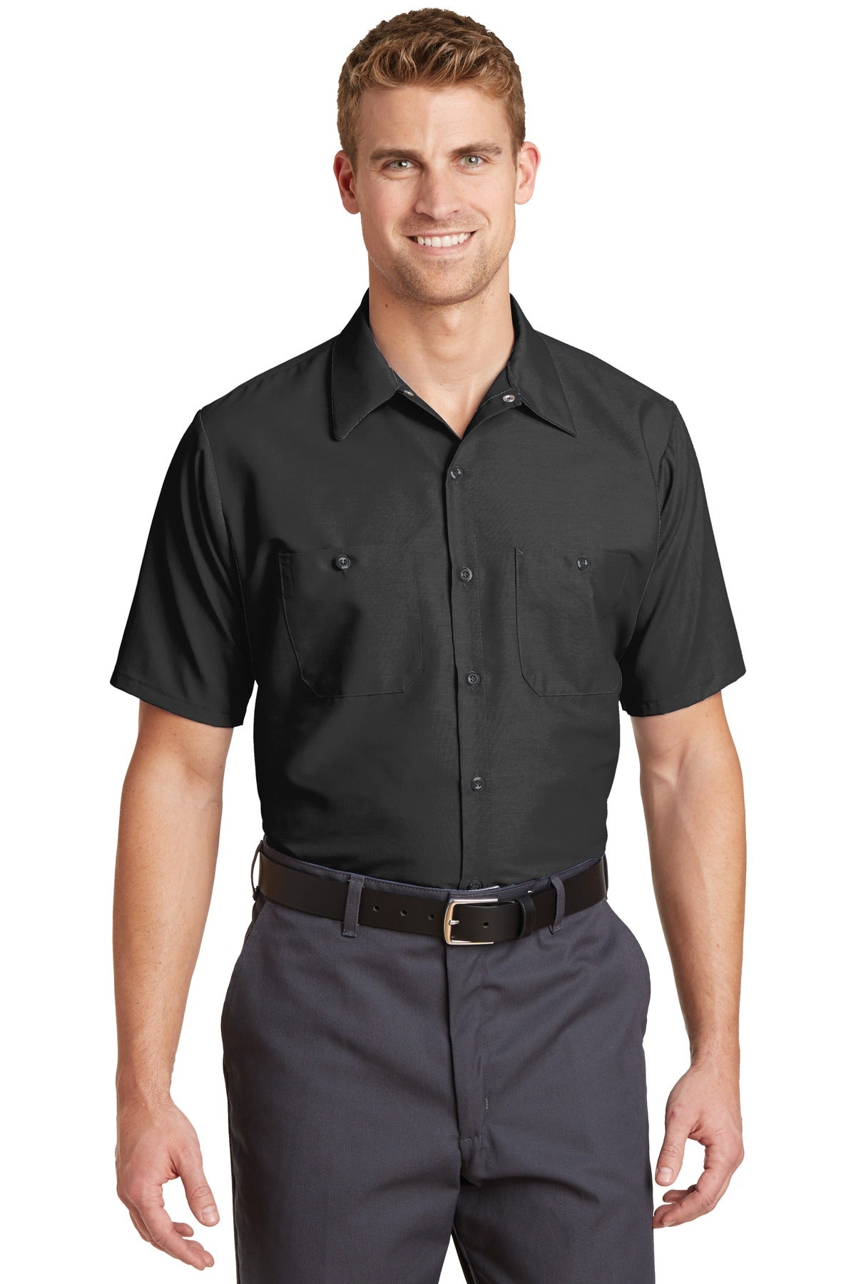 Front View of Charcoal Red Kap Long Size, Short Sleeve Industrial Work Shirt. SP24LONG