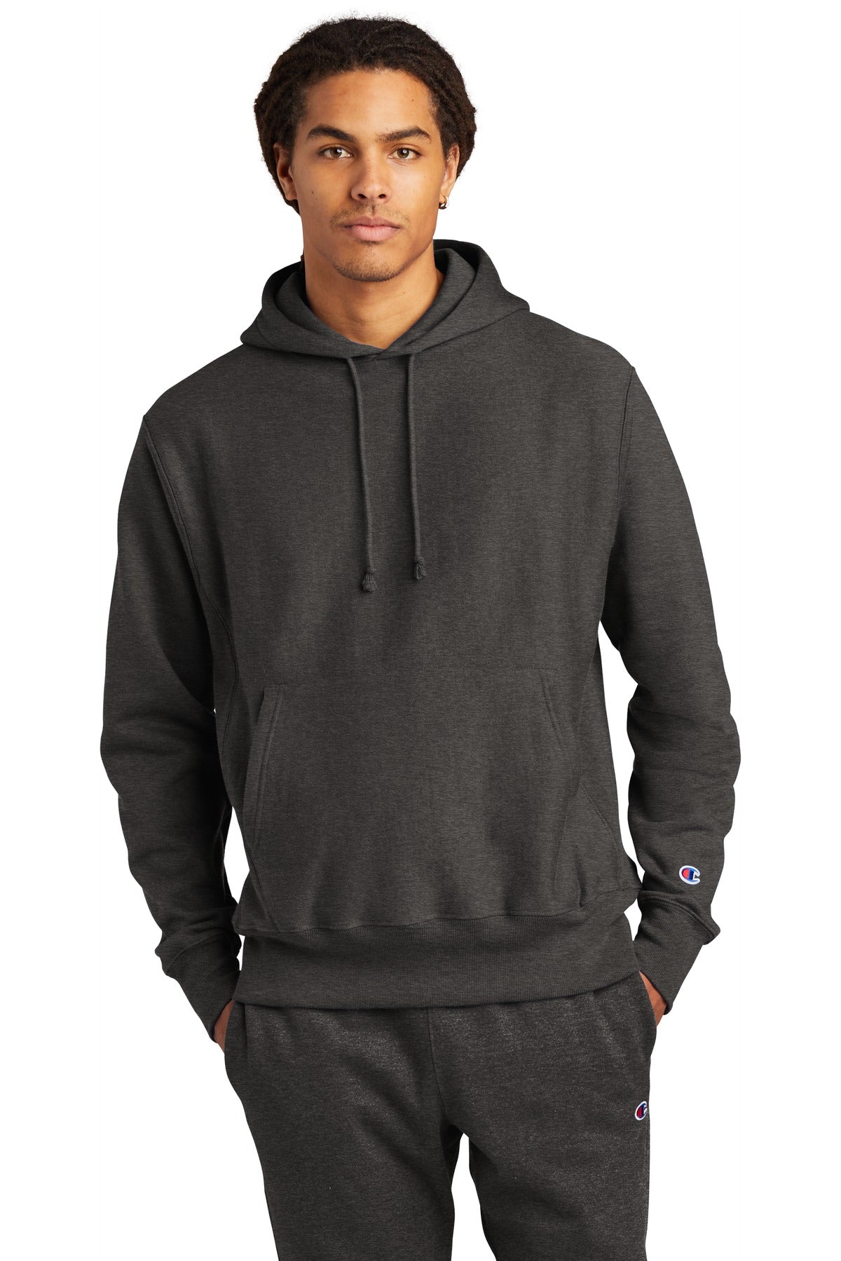 Front View of CharcoalHt Champion Reverse Weave Hooded Sweatshirt S101