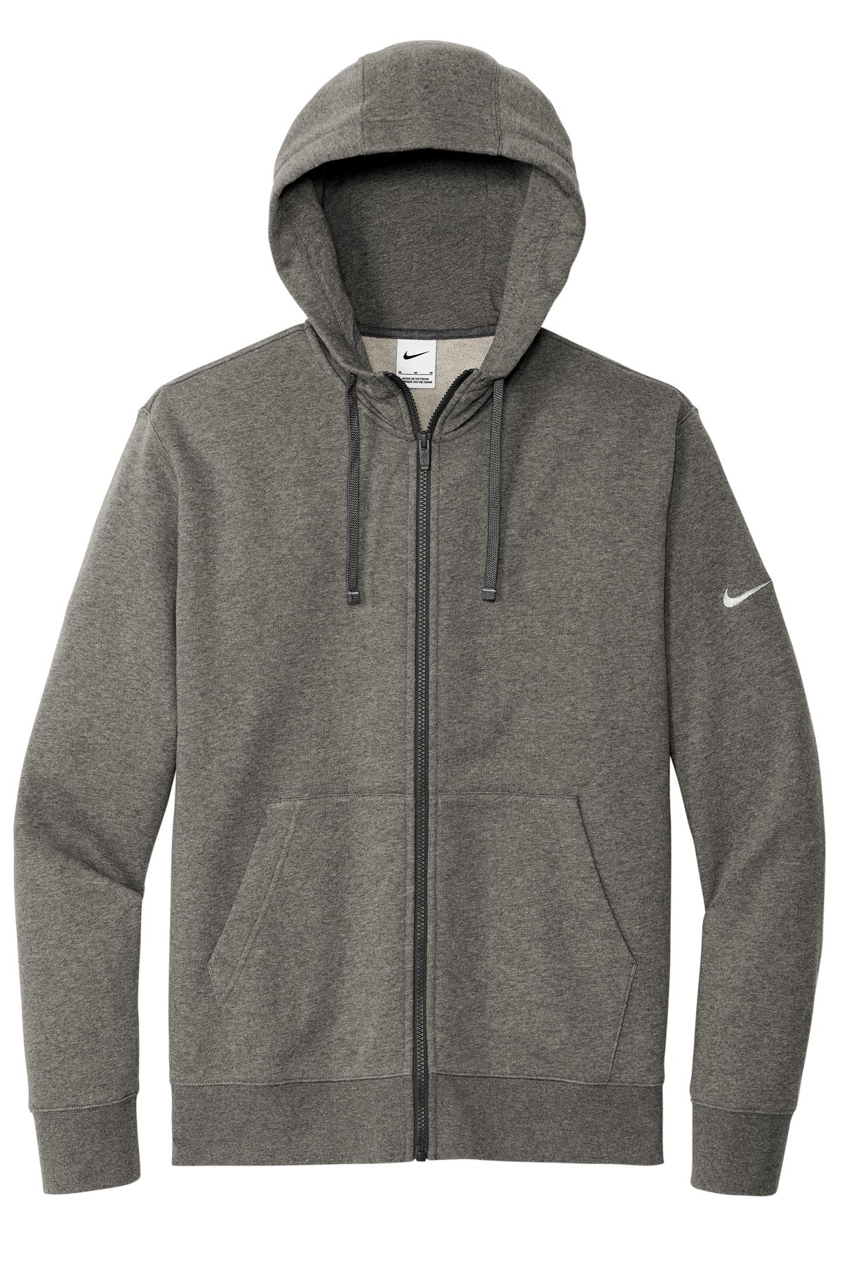 Front View of CharcoalHt Nike Club Fleece Sleeve Swoosh Full-Zip Hoodie NKDR1513
