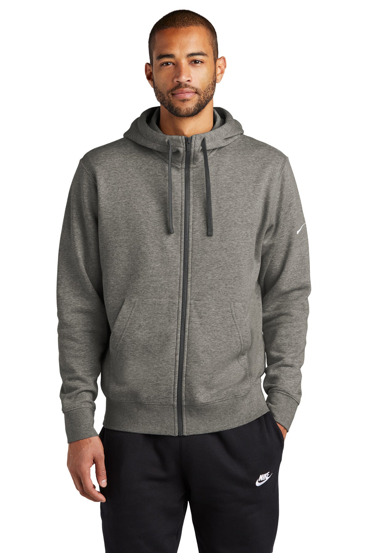 Front View of CharcoalHt Nike Club Fleece Sleeve Swoosh Full-Zip Hoodie NKDR1513