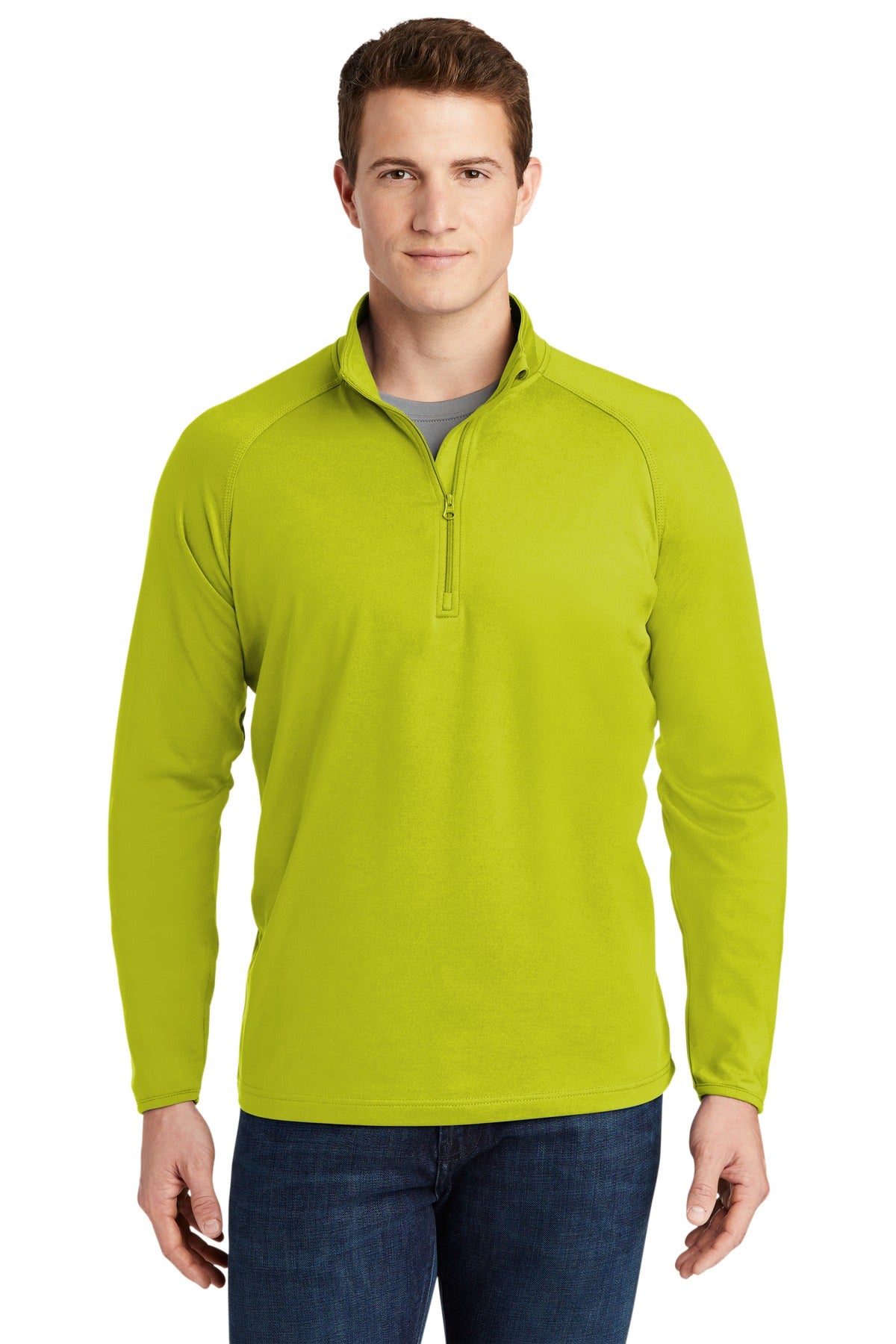 Front View of Charge Green Sport-Tek Sport-Wick Stretch 1/4-Zip Pullover. ST850