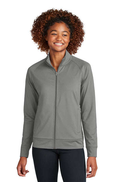 Front View of CharGrey Sport-Tek Women's Sport-Wick Stretch Full-Zip Cadet Jacket LST857