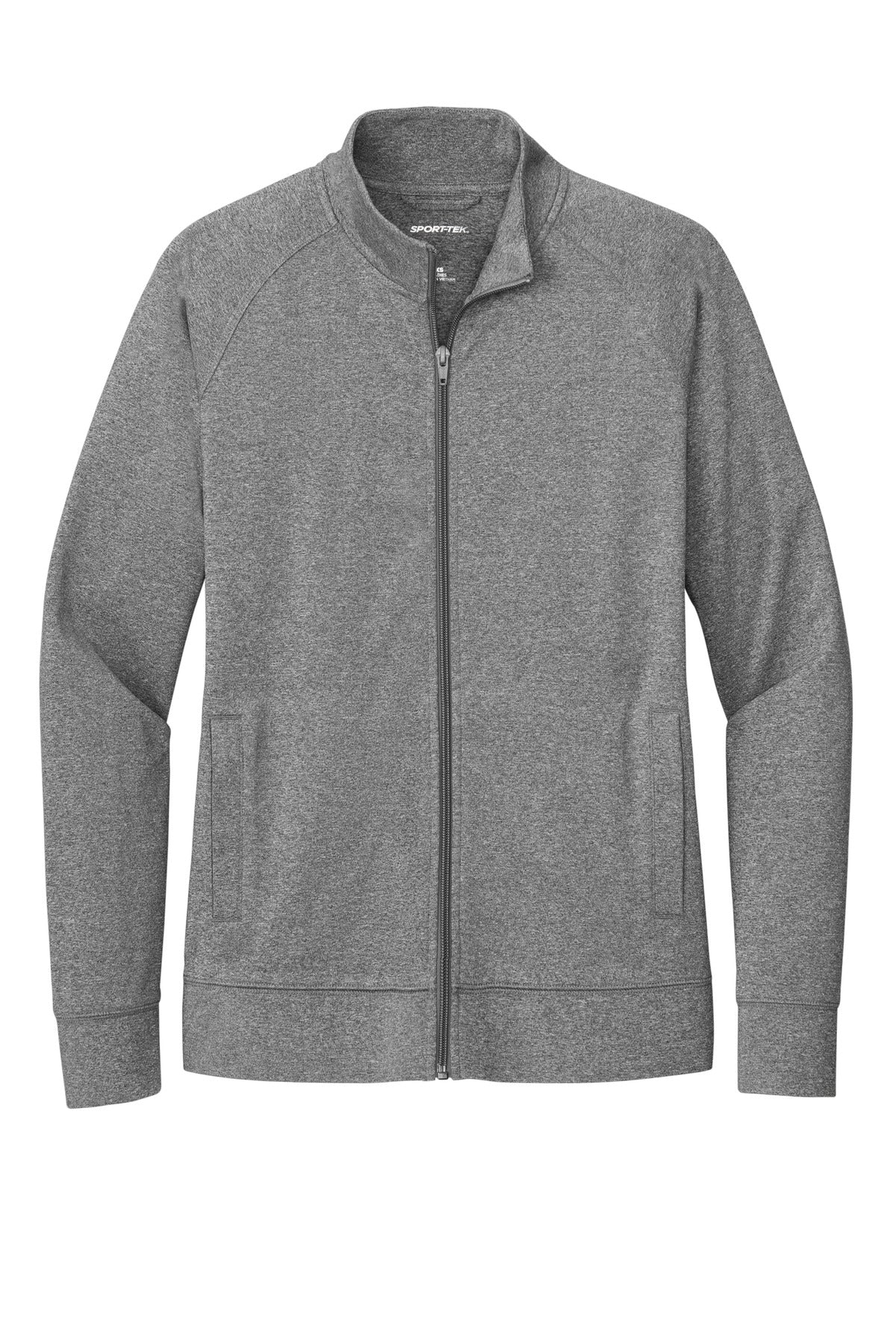 Front View of CharGreyHt Sport-Tek Women's Sport-Wick Stretch Full-Zip Cadet Jacket LST857