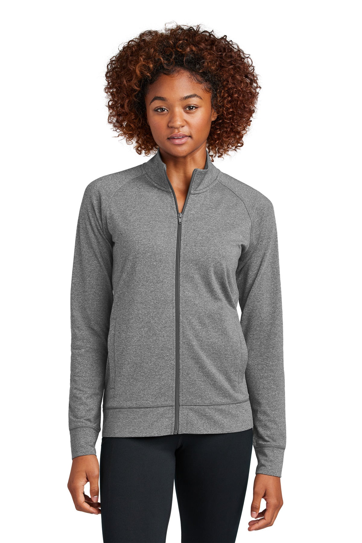 Front View of CharGreyHt Sport-Tek Women's Sport-Wick Stretch Full-Zip Cadet Jacket LST857