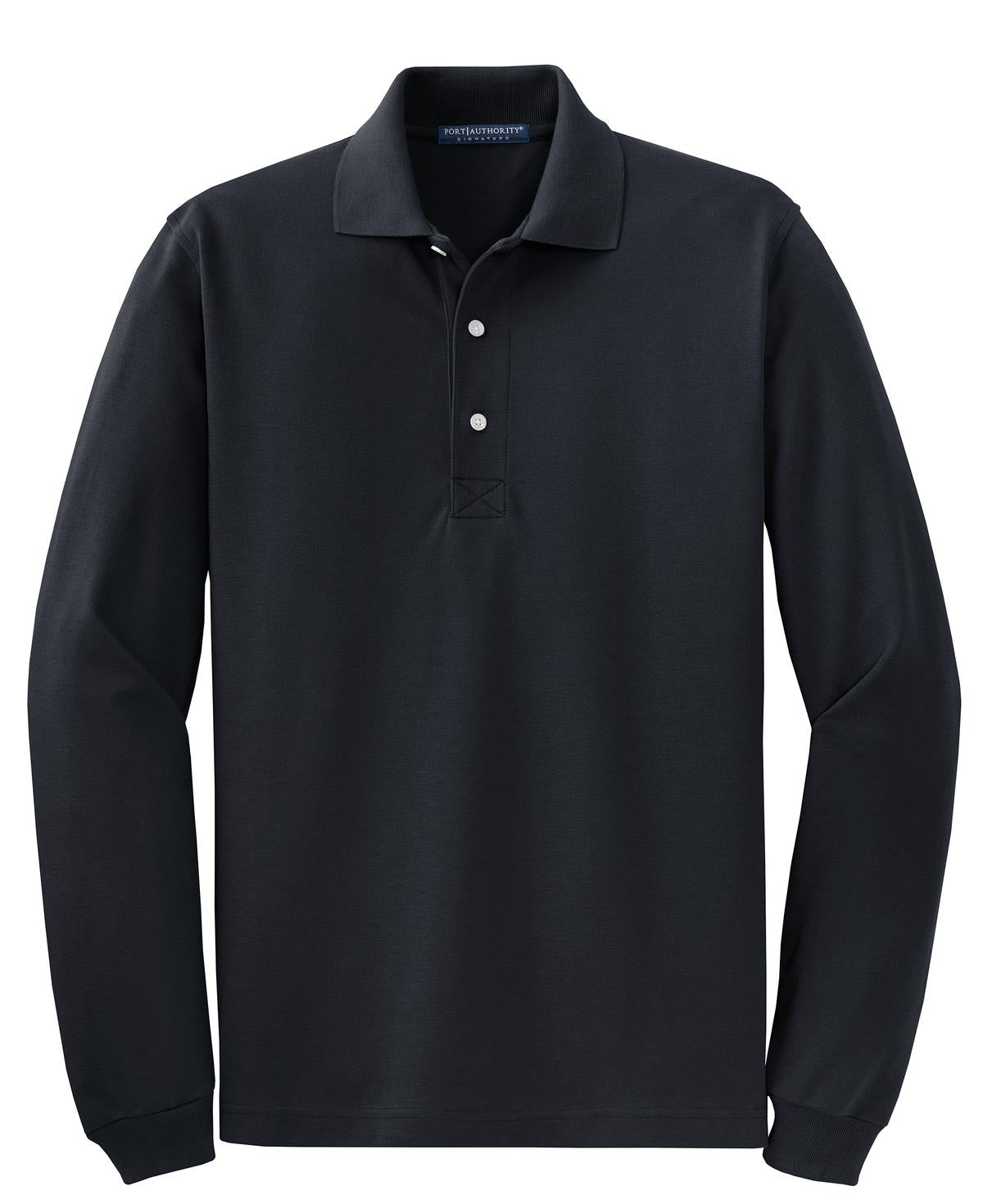Front View of Classic Navy Port Authority Rapid Dry Long Sleeve Polo. K455LS