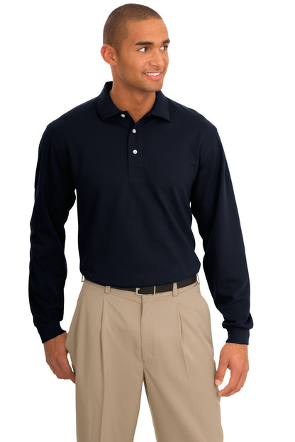 Front View of Classic Navy Port Authority Rapid Dry Long Sleeve Polo. K455LS
