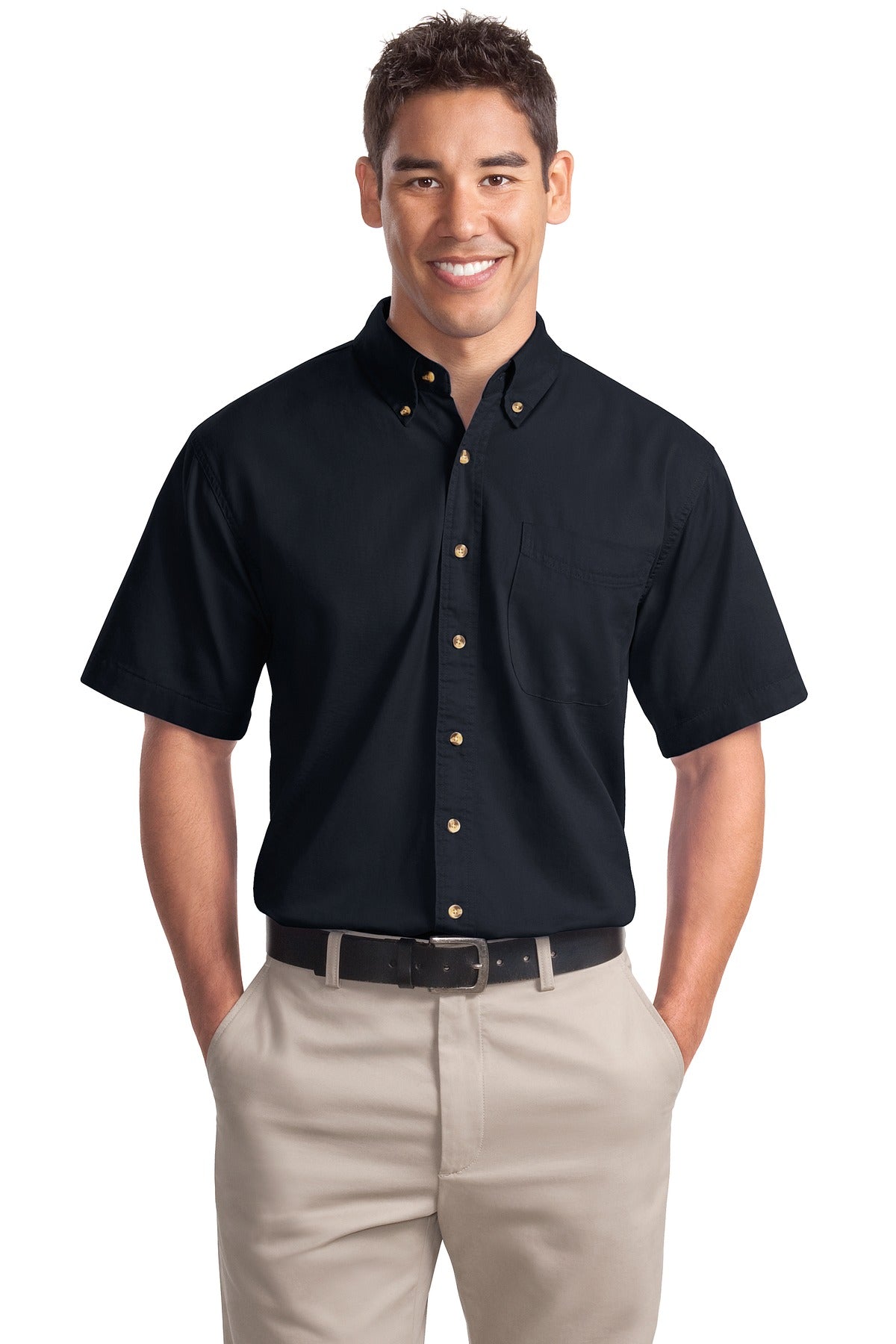 Front View of Classic Navy Port Authority Short Sleeve Twill Shirt. S500T