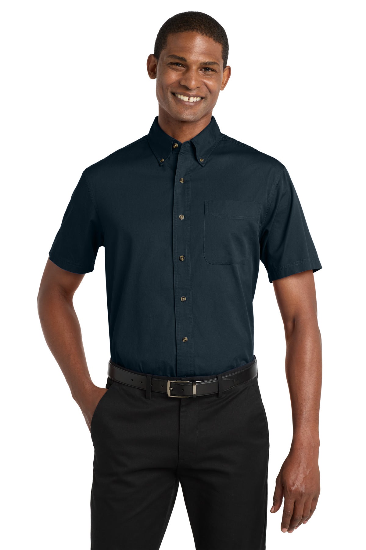 Front View of Classic Navy Port Authority Short Sleeve Twill Shirt. S500T