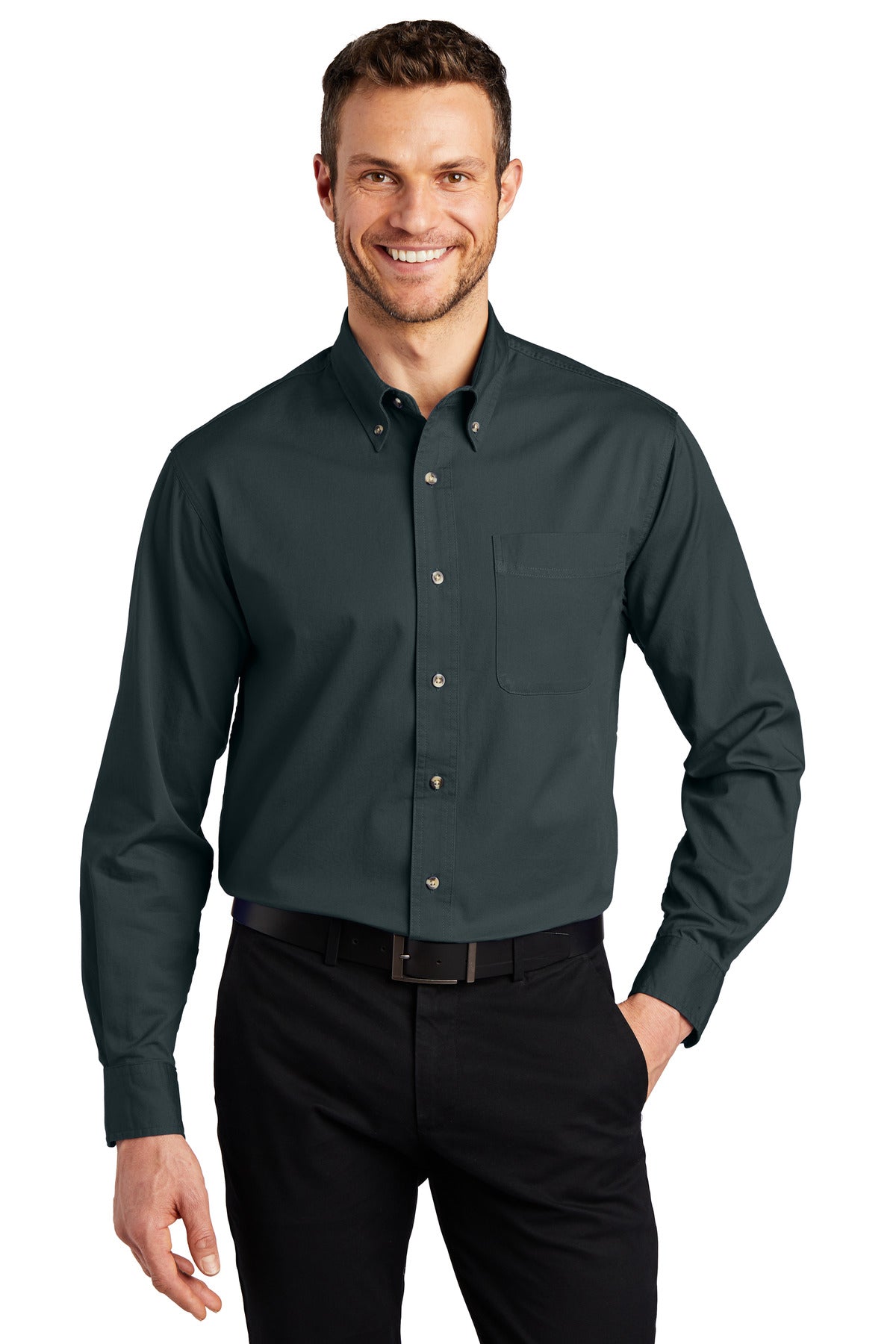 Front View of Classic Navy Port Authority Tall Long Sleeve Twill Shirt. TLS600T