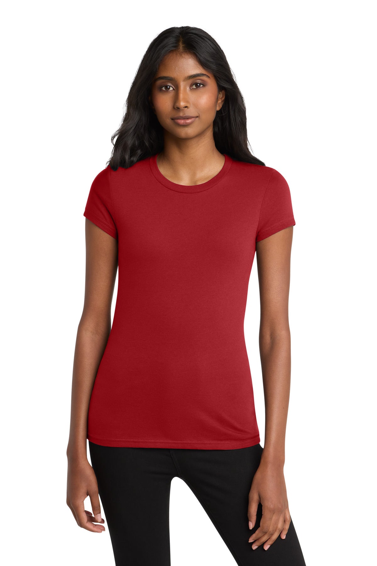 Front View of Classic Red District Women's Fitted Very Important Tee . DT6001