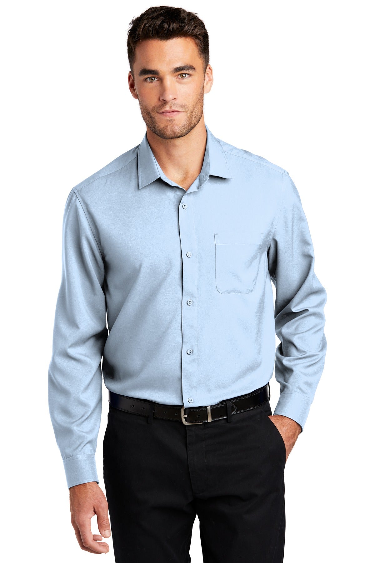 Front View of Cloud Blue Port Authority Long Sleeve Performance Staff Shirt W401