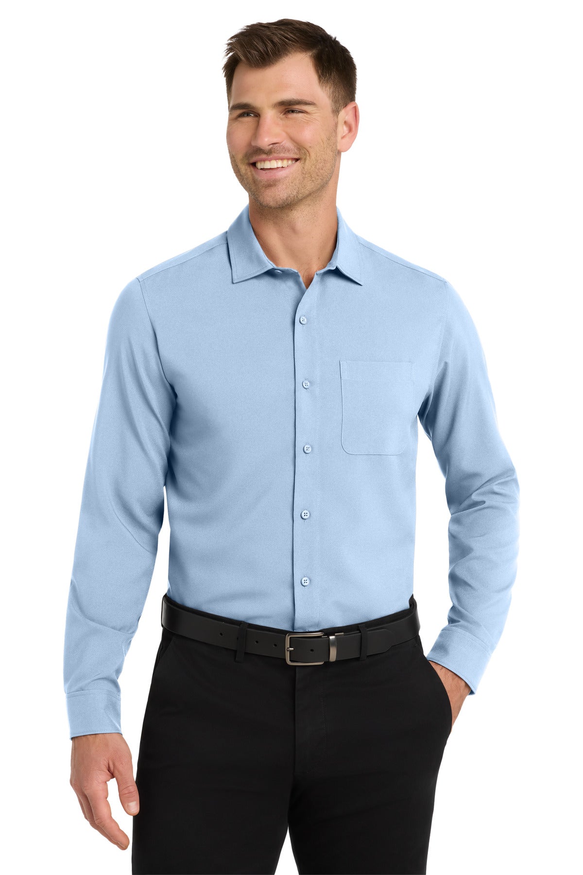 Front View of Cloud Blue Port Authority Long Sleeve Performance Staff Shirt W401