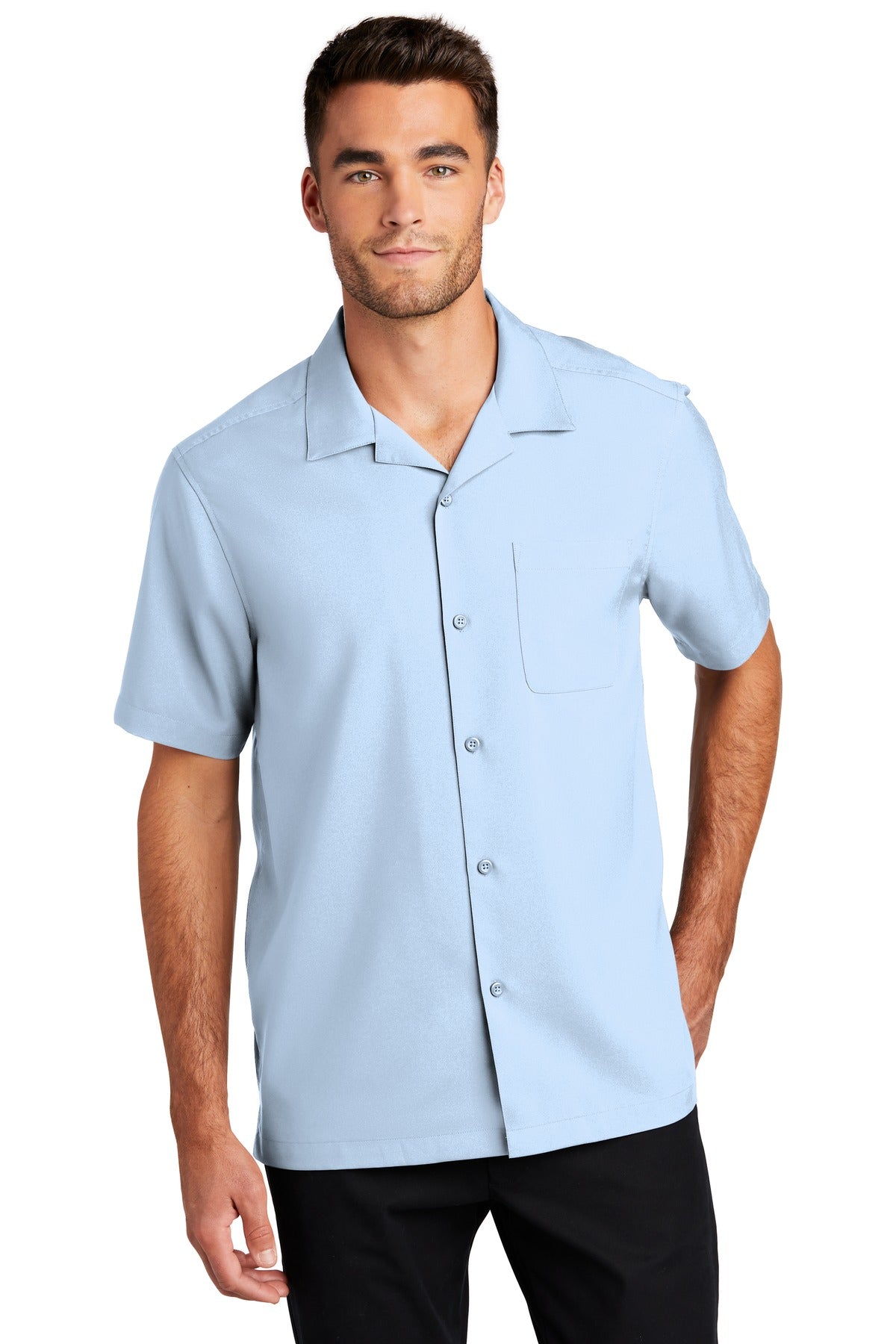 Front View of Cloud Blue Port Authority Short Sleeve Performance Staff Shirt W400
