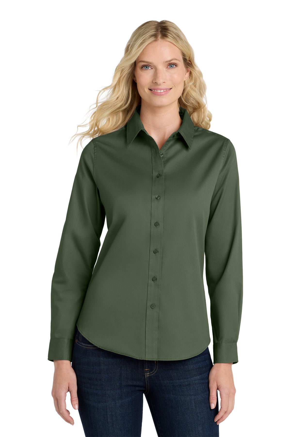 Front View of Clover Green Port Authority Women's Long Sleeve Easy Care Shirt. L608