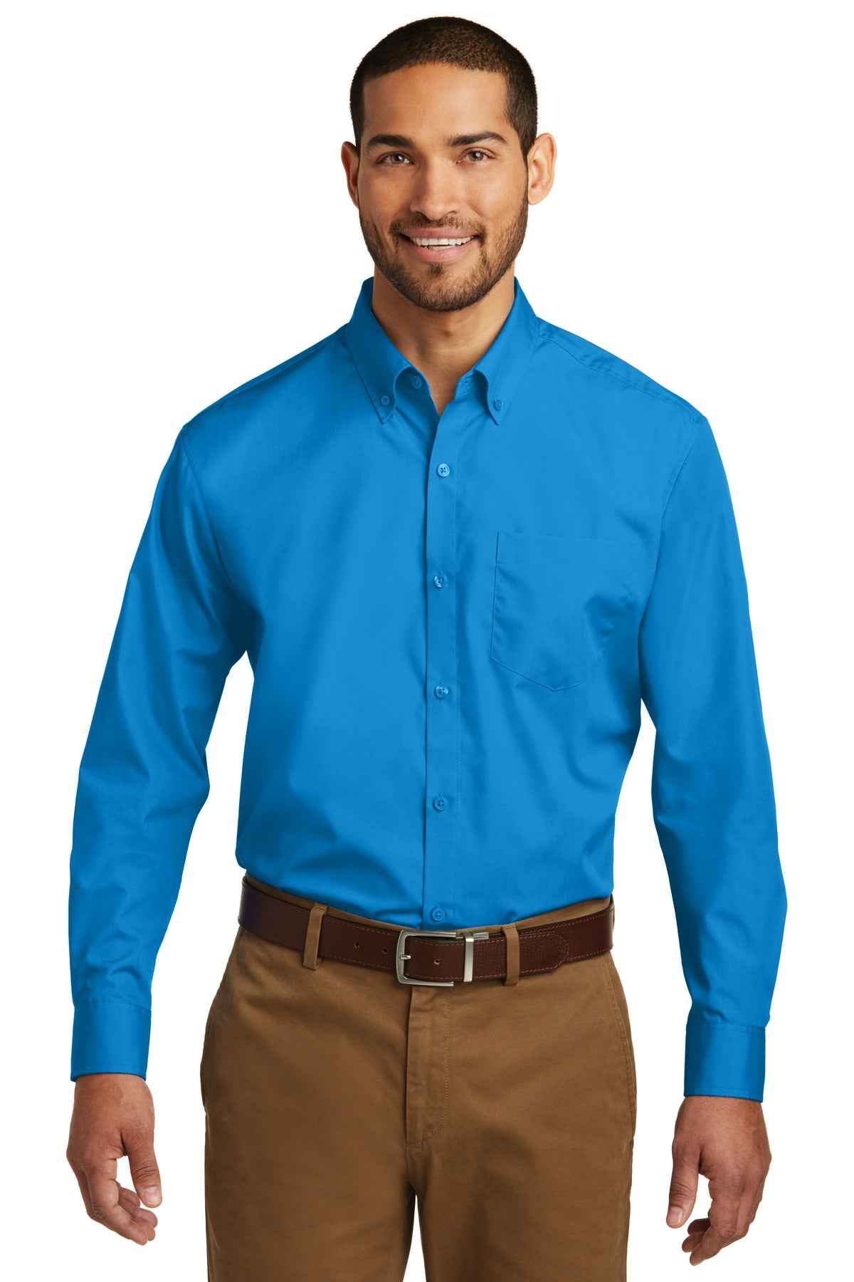 Front View of Coastal Blue Port Authority Long Sleeve Carefree Poplin Shirt. W100